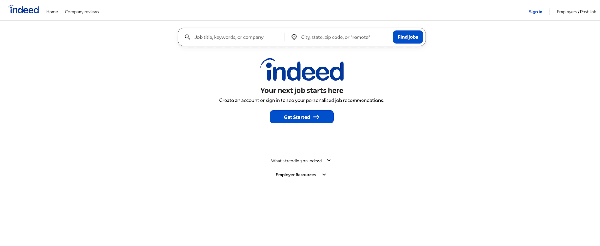 Indeed home page job search